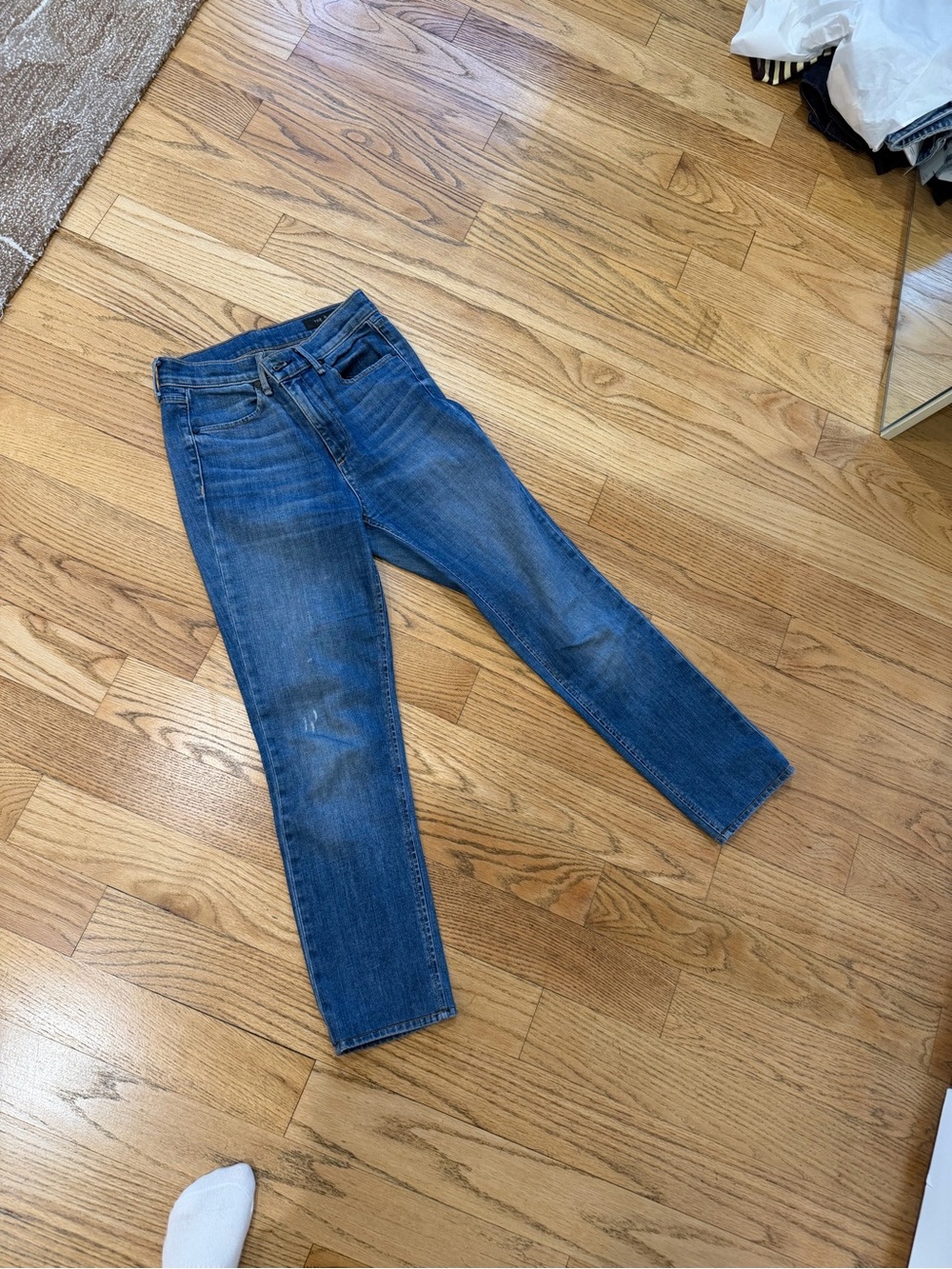 Rag & Bone Medium Blue High Waisted Denim Jeans with Cropped Leg.